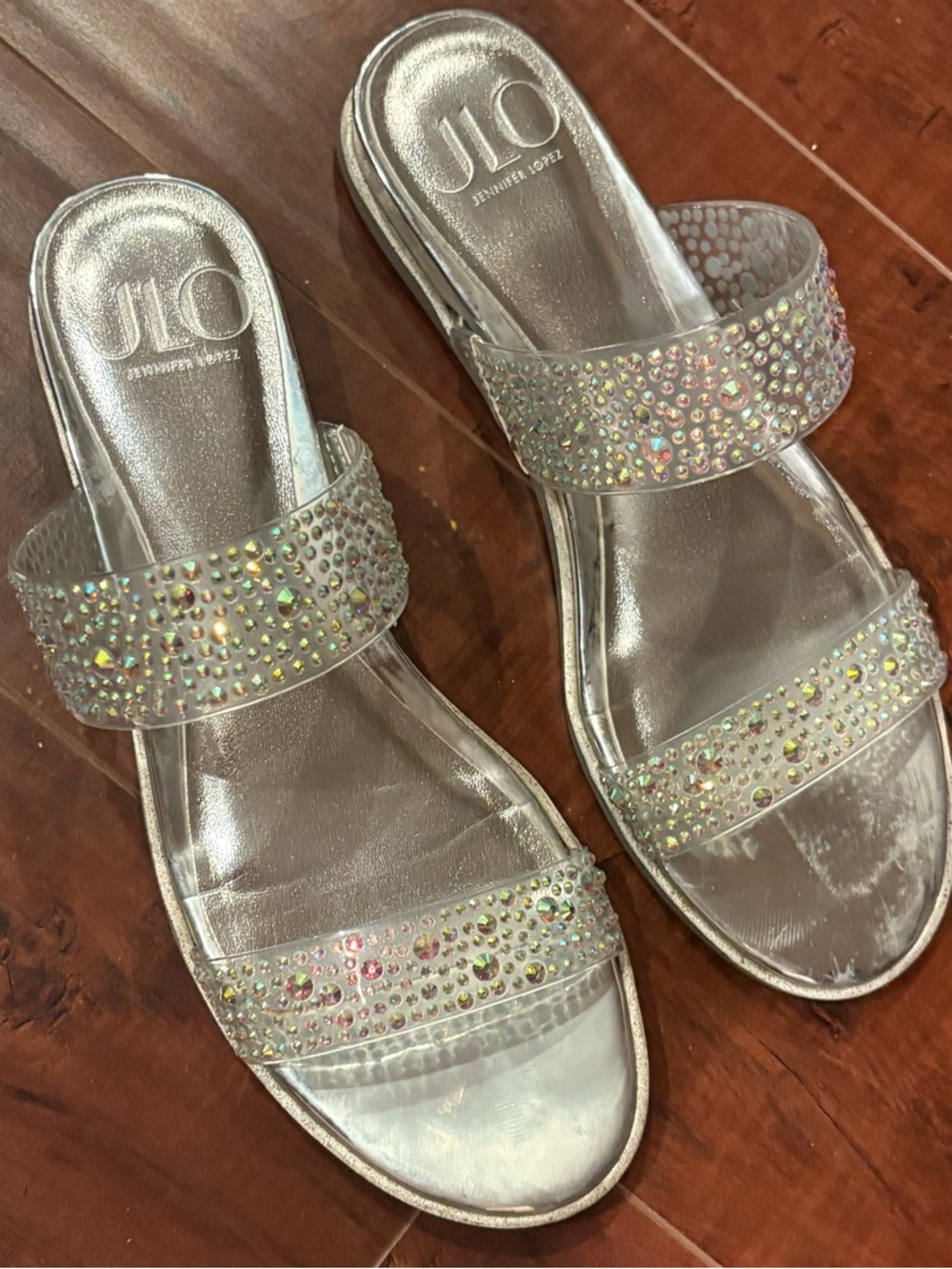 Jennifer Lopez Silver Iridescent Crystal Slide Sandals